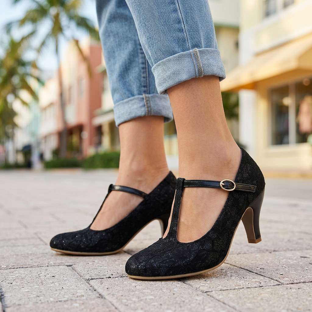 Women's Flower Textured Mary Jane Heels Corvine