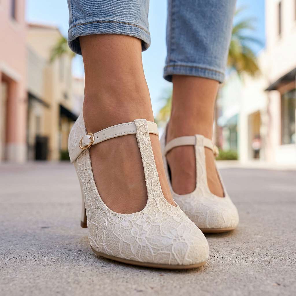 Women's Flower Textured Mary Jane Heels Corvine