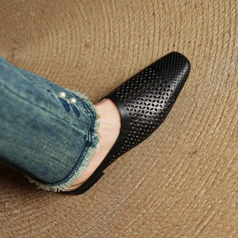 Women's Genuine Leather Backless Mules Shoes Corvine