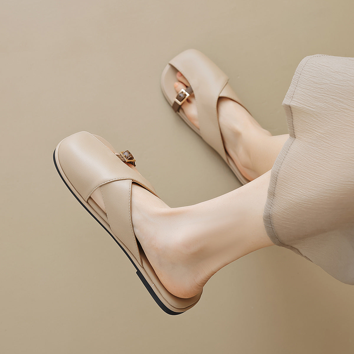 Women's Genuine Leather Cross-Strap Slides Corvine