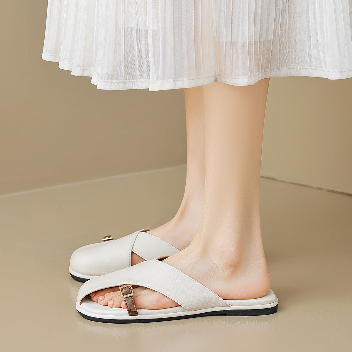 Women's Genuine Leather Cross-Strap Slides Corvine