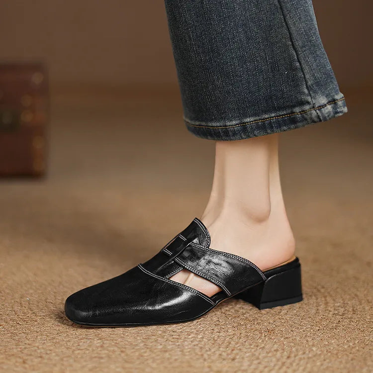 Women's Genuine Leather Cut-Out Mules Corvine