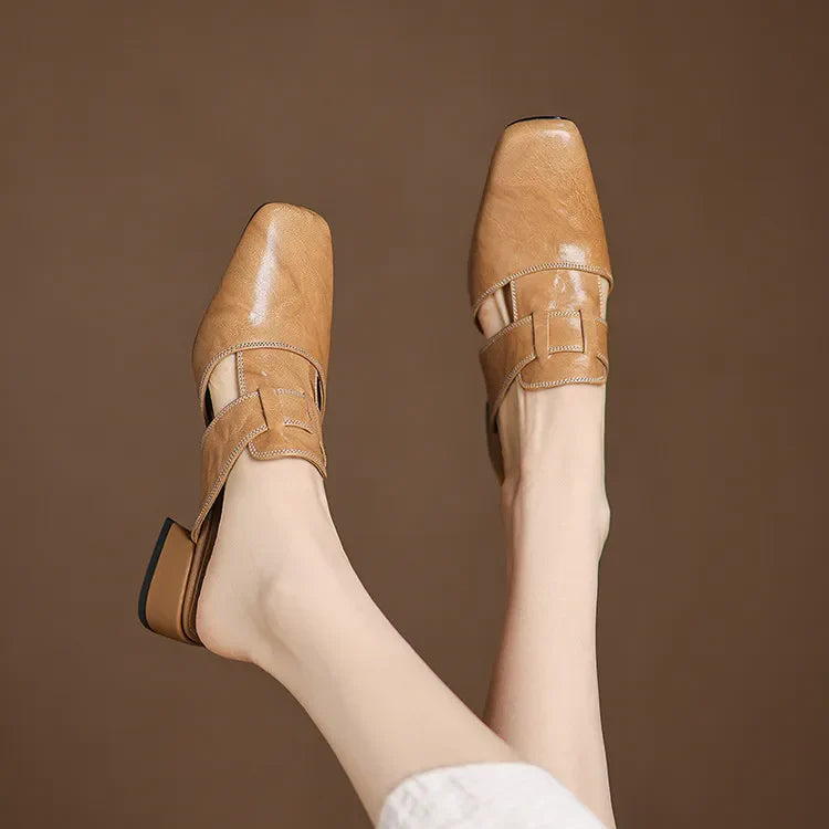 Women's Genuine Leather Cut-Out Mules Shoes Corvine