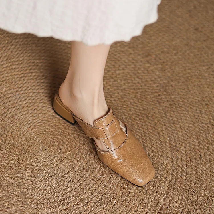 Women's Genuine Leather Cut-Out Mules Shoes Corvine