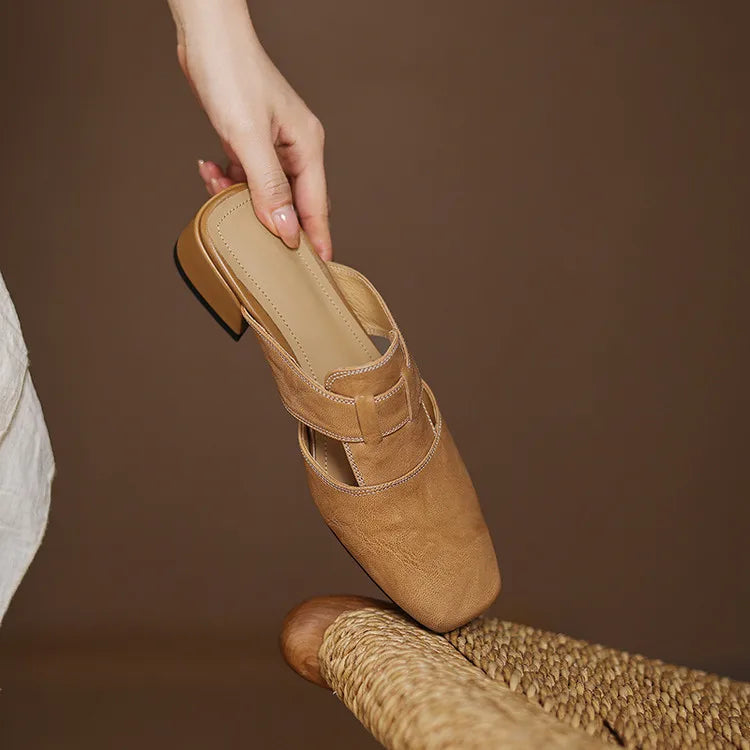 Women's Genuine Leather Cut-Out Mules Shoes Corvine