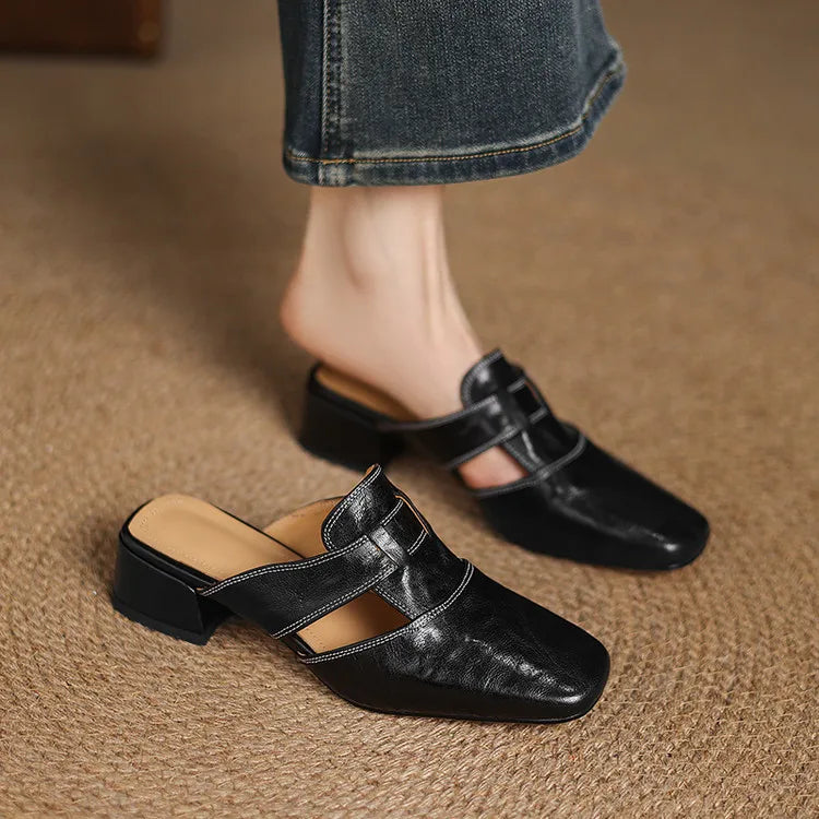 Women's Genuine Leather Cut-Out Mules Shoes Corvine