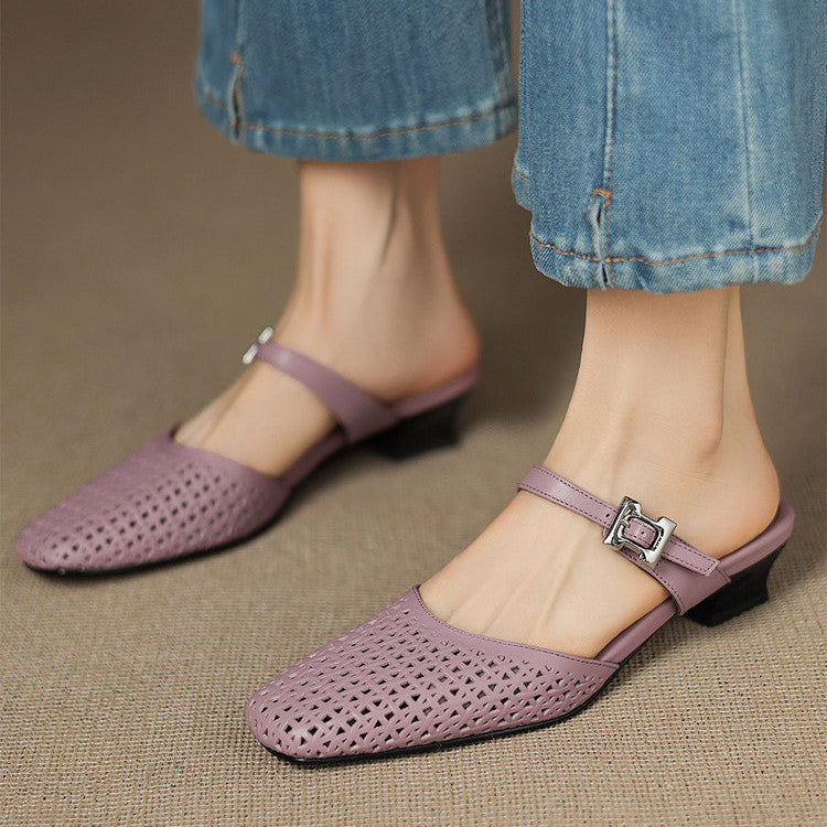 Women's Genuine Leather Round-Toe Mules Corvine