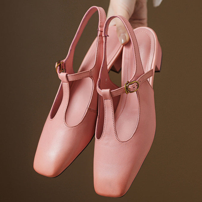 Women's Genuine Leather T-Strap Heels Corvine