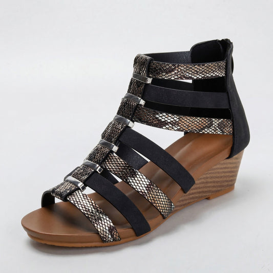 Women's Genuine Leather Wedge Sandals with Snake Skin Detail Corvine