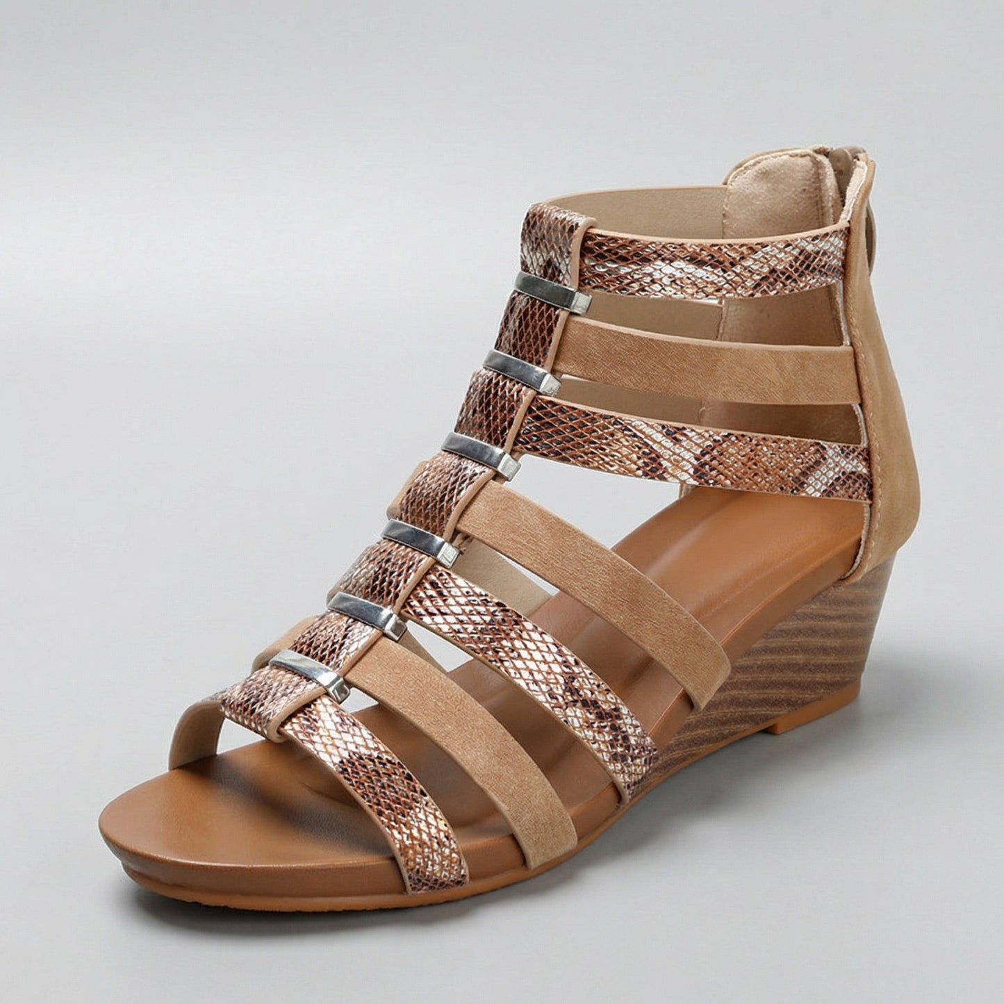 Women's Genuine Leather Wedge Sandals with Snake Skin Detail Corvine