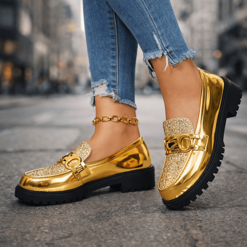 Women's Glitter Leather Chunky Platform Loafers Corvine