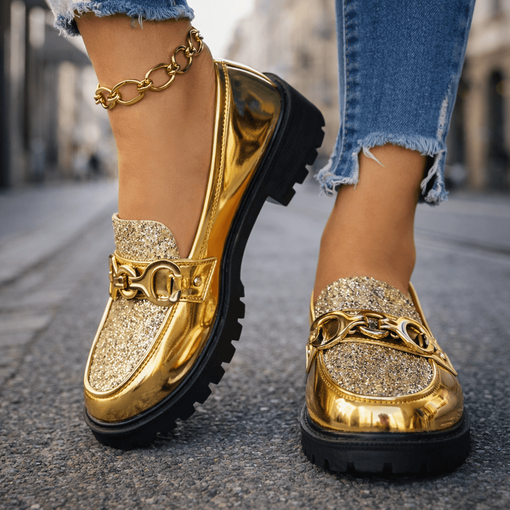 Women's Glitter Leather Chunky Platform Loafers Corvine
