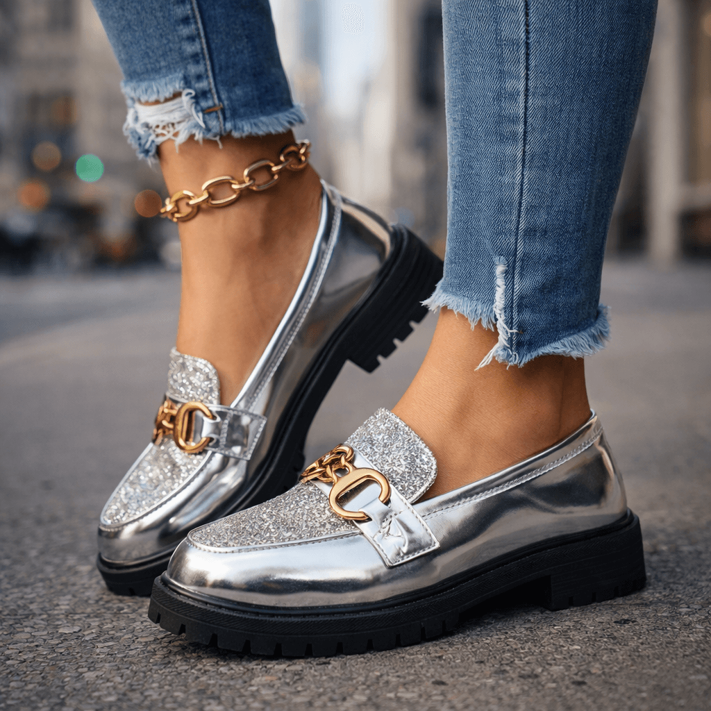 Women's Glitter Leather Chunky Platform Loafers Corvine