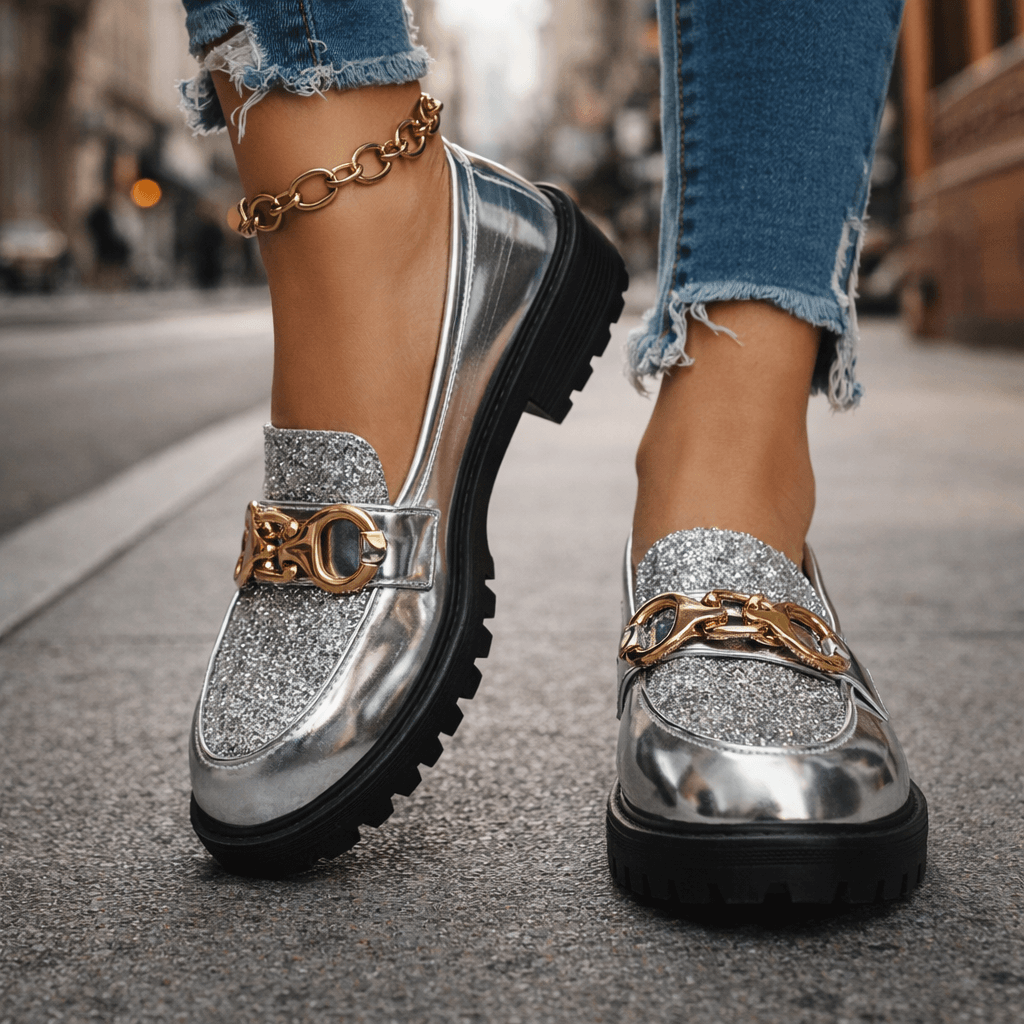 Women's Glitter Leather Chunky Platform Loafers Corvine