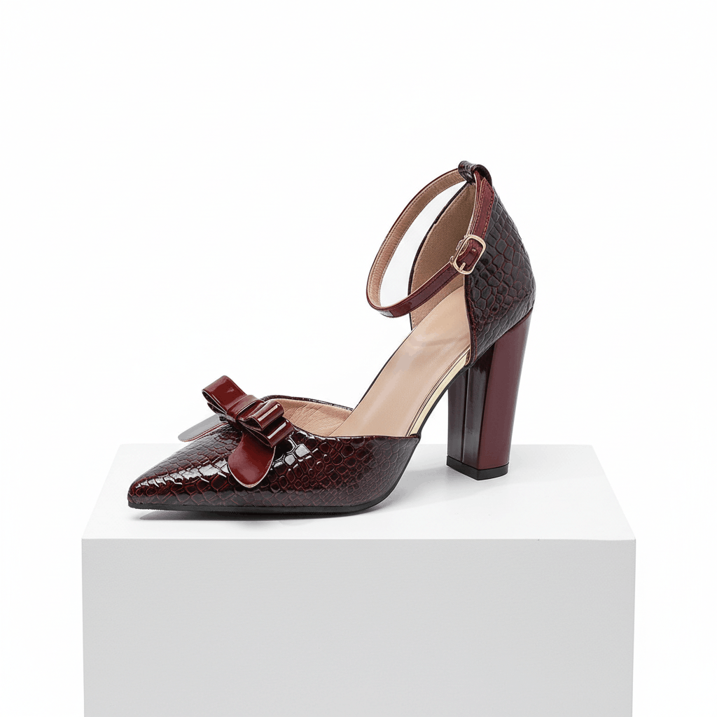 Women's Glossy Black Croc-Embossed Leather Bow Heels Corvine