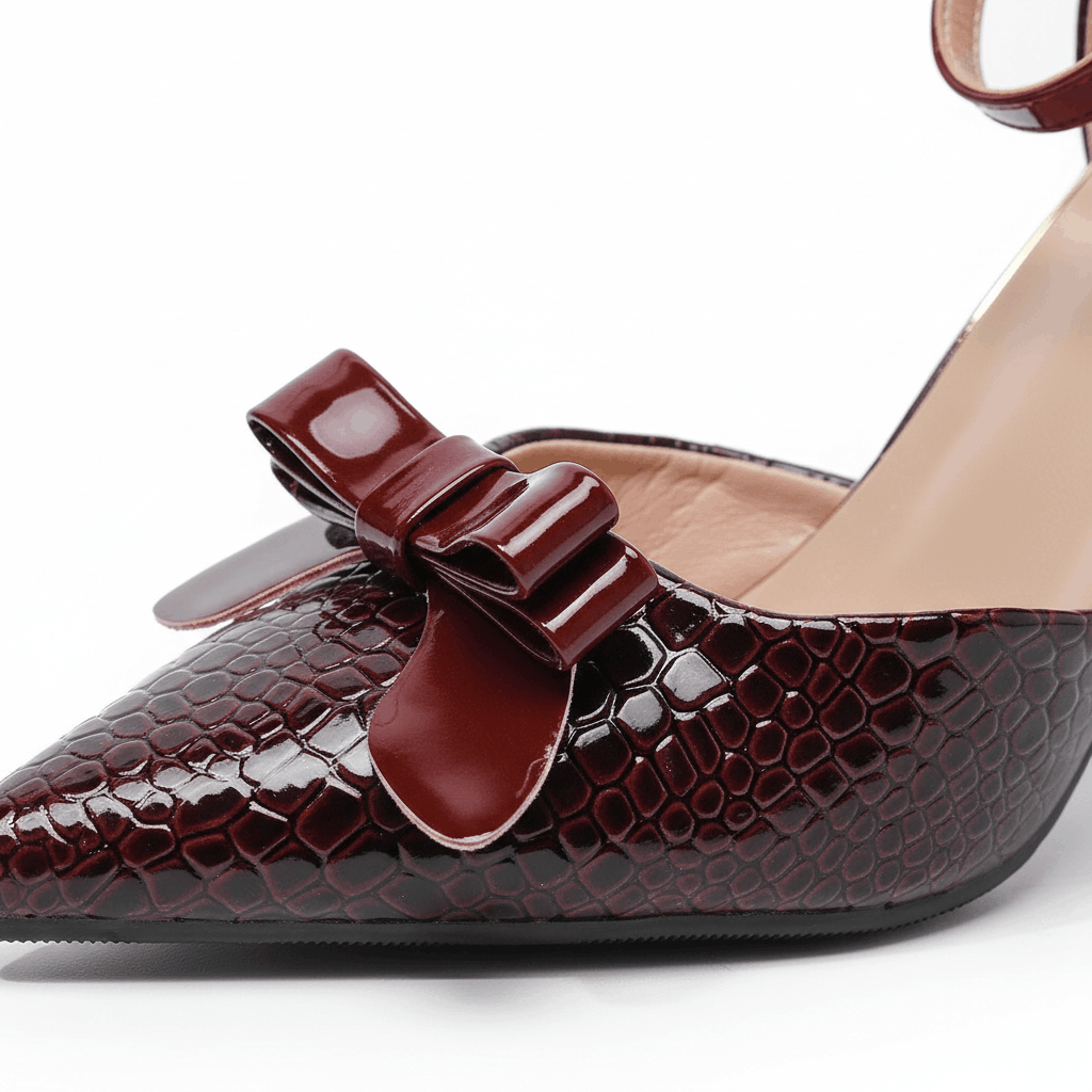 Women's Glossy Black Croc-Embossed Leather Bow Heels Corvine