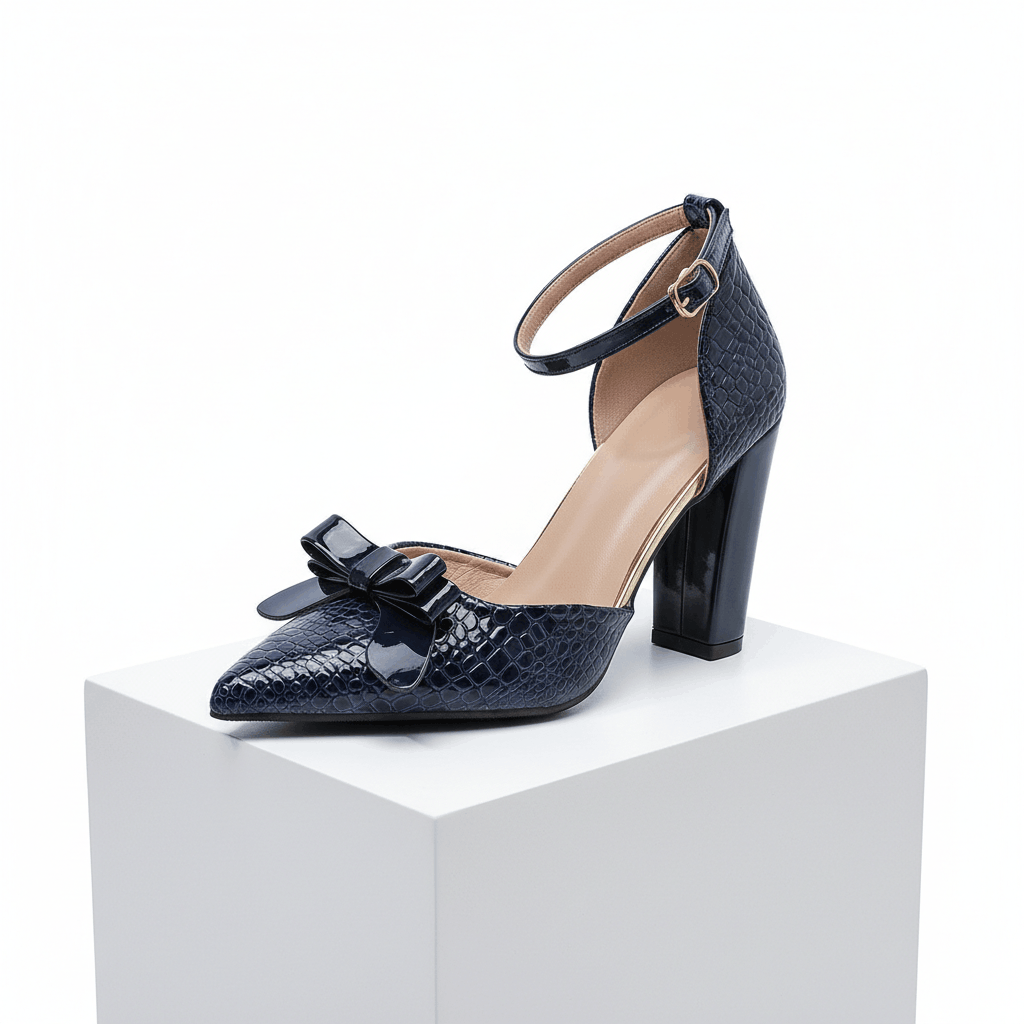 Women's Glossy Black Croc-Embossed Leather Bow Heels Corvine