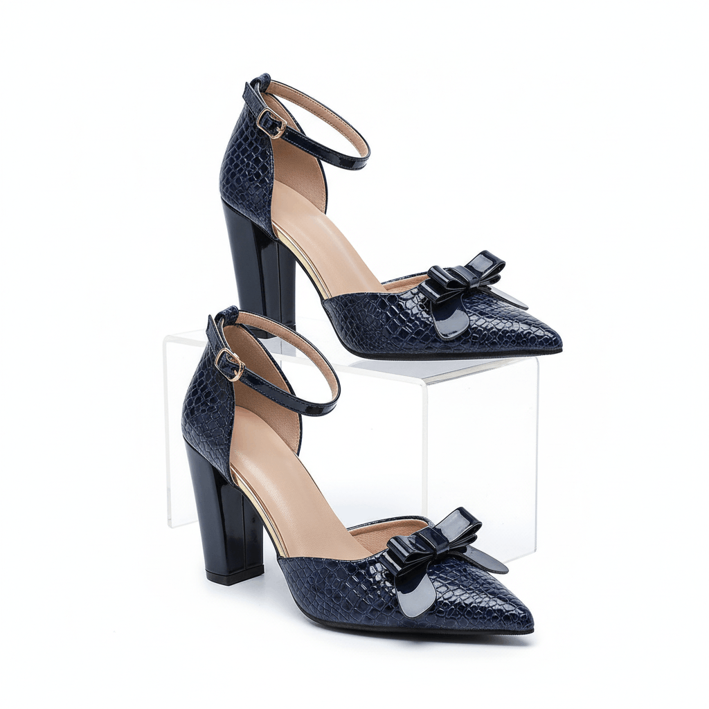 Women's Glossy Black Croc-Embossed Leather Bow Heels Corvine