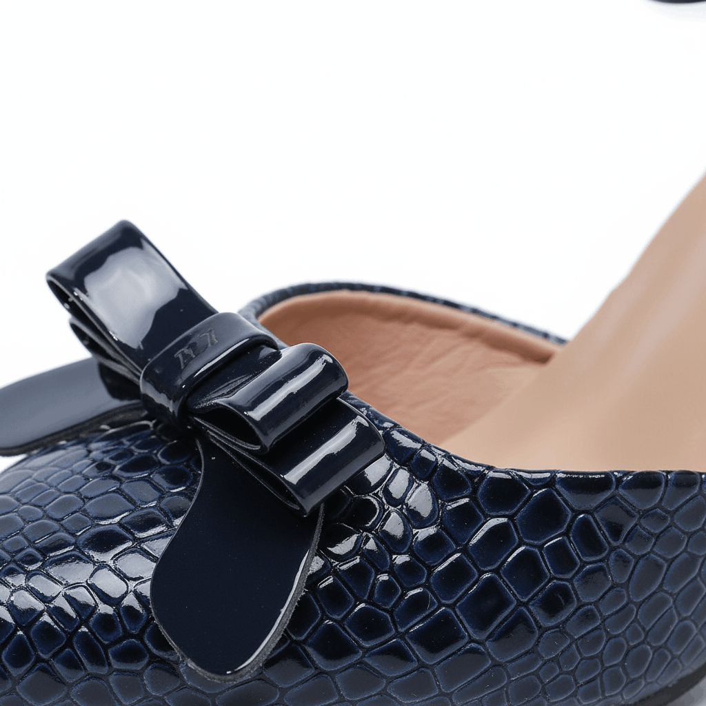 Women's Glossy Black Croc-Embossed Leather Bow Heels Corvine