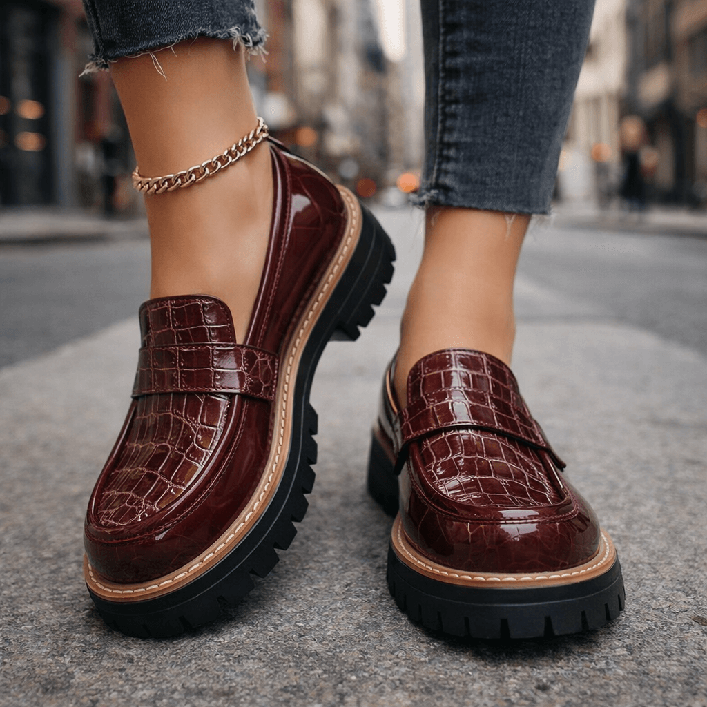 Women's Glossy Croc-Embossed Chunky Platform Loafers Corvine