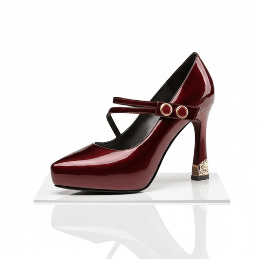 Women's Glossy Gold Vegan Leather Mid Heel Heels Corvine