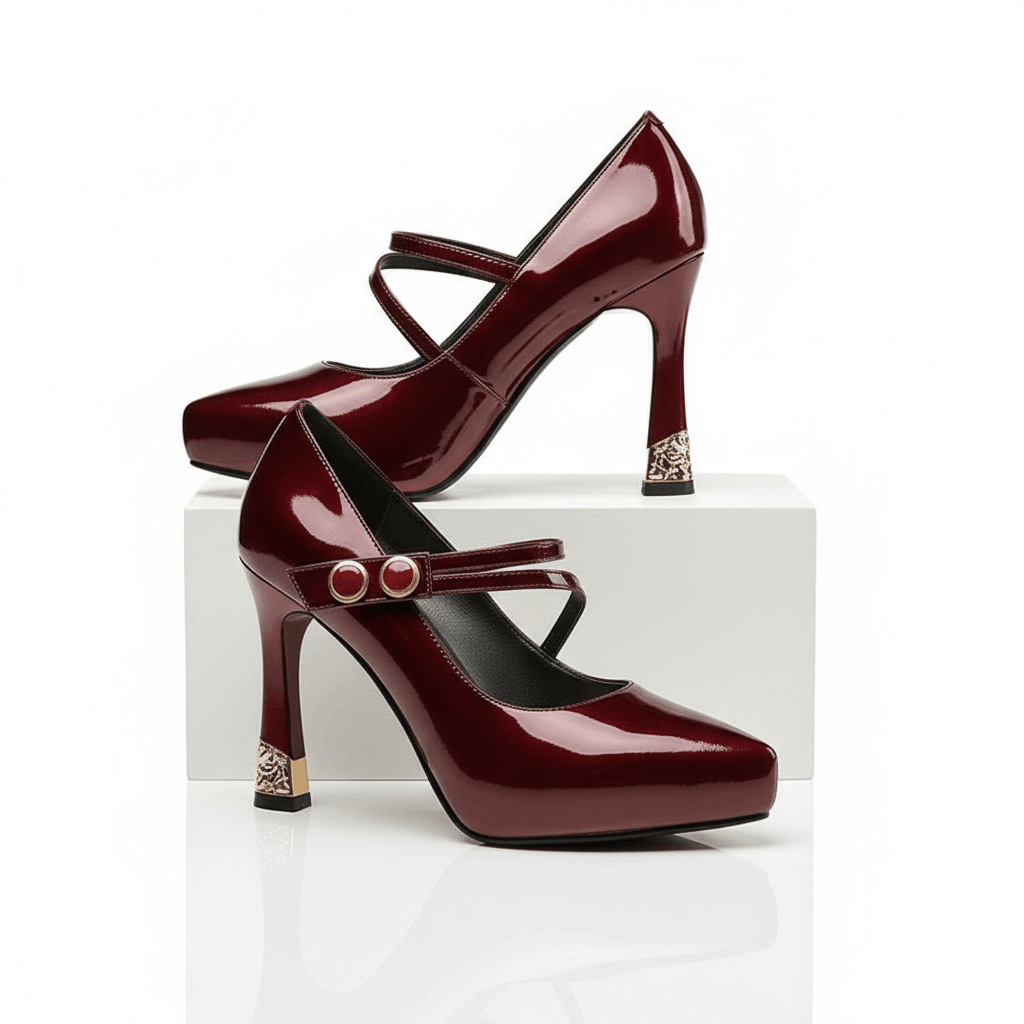 Women's Glossy Gold Vegan Leather Mid Heel Heels Corvine