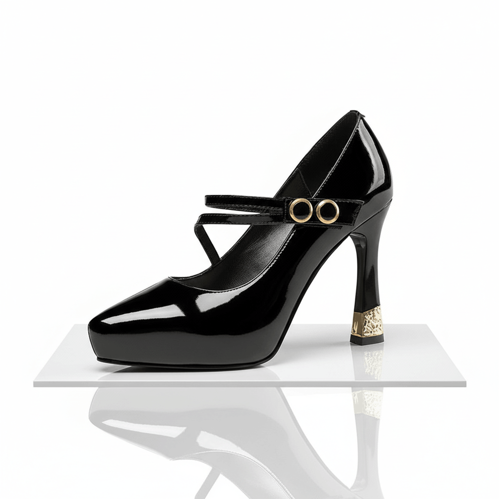 Women's Glossy Gold Vegan Leather Mid Heel Heels Corvine