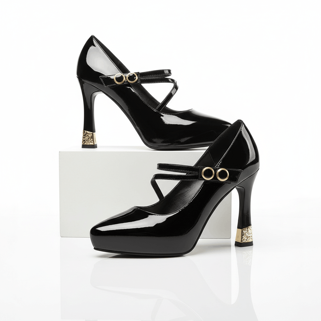 Women's Glossy Gold Vegan Leather Mid Heel Heels Corvine