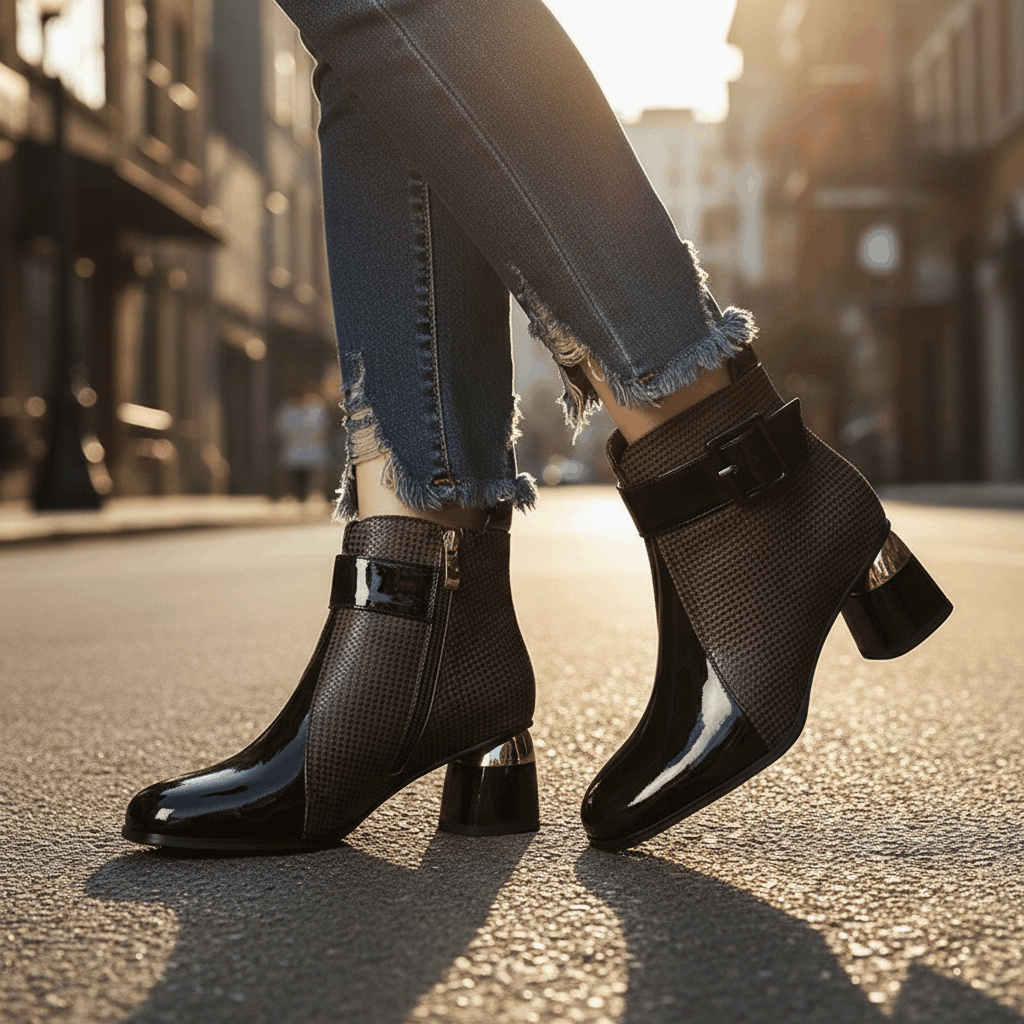 Women's Glossy Leather Black Ankle Boots Corvine