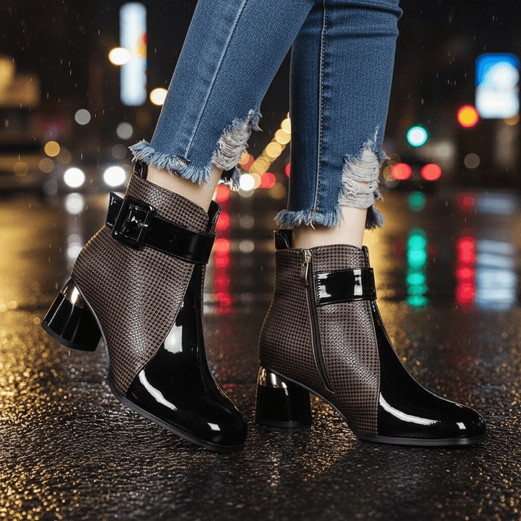 Women's Glossy Leather Black Ankle Boots Corvine