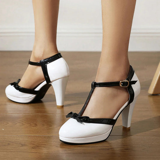 Women's Glossy Leather T-Strap Block Heel Heels Corvine