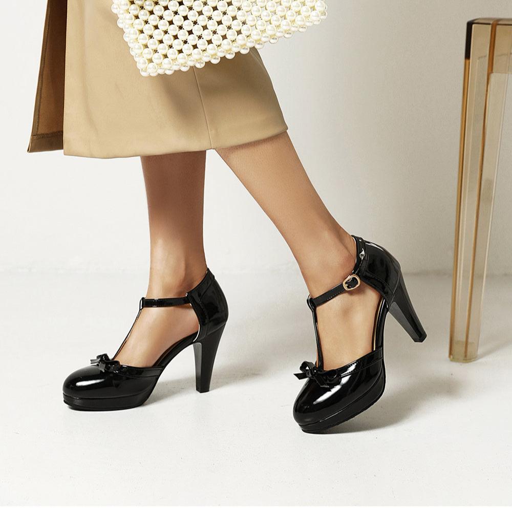 Women's Glossy Leather T-Strap Block Heel Heels Corvine