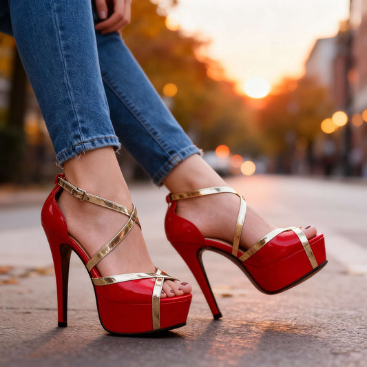Women's Glossy Patent Crossover Strap Heels Corvine
