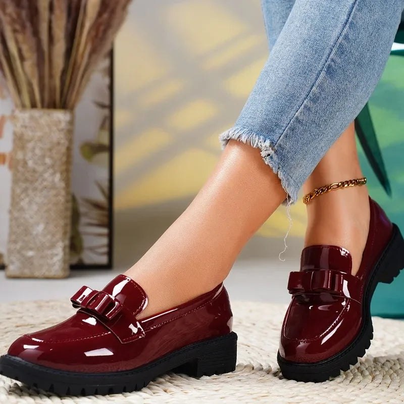 Women's Glossy Patent Leather Bow Loafers Corvine