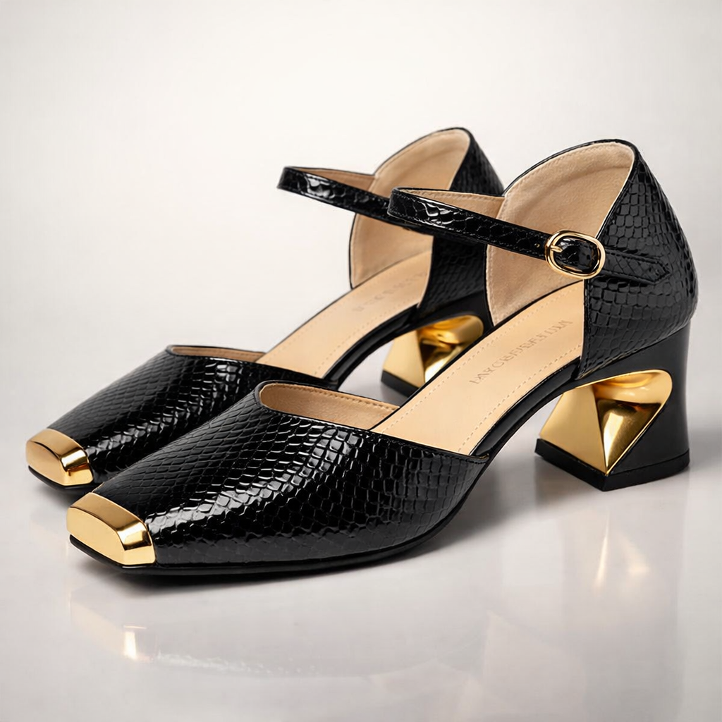 Women's Glossy Snake-Embossed Block Heel Pumps Corvine