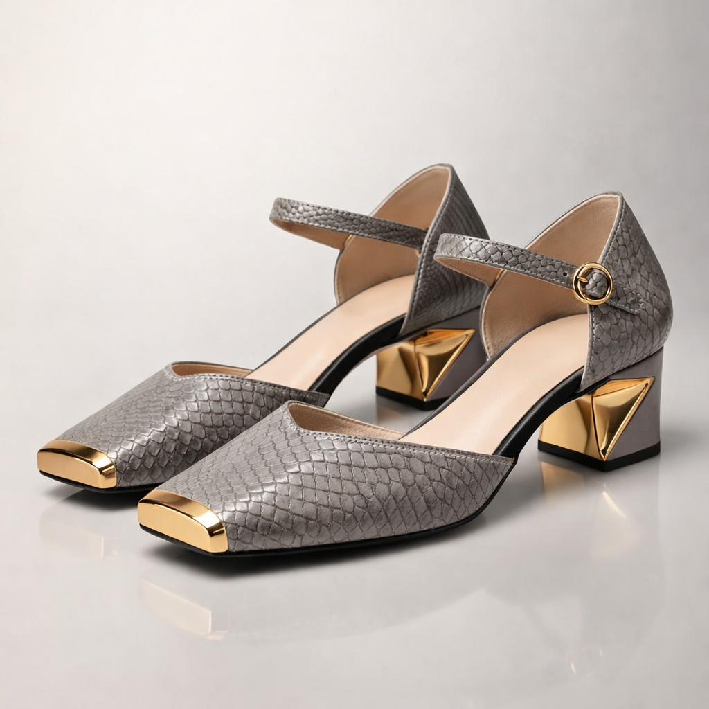 Women's Glossy Snake-Embossed Block Heel Pumps Corvine