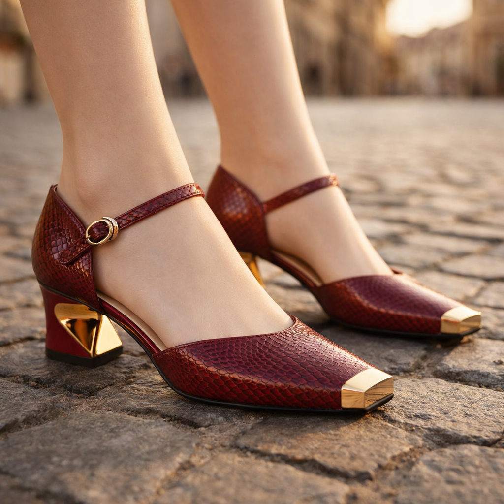 Women's Glossy Snake-Embossed Block Heel Pumps Corvine
