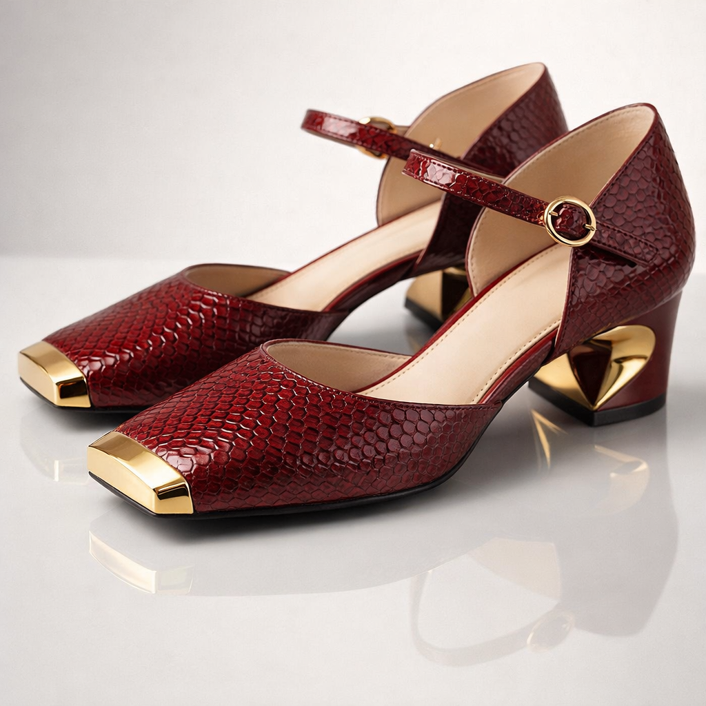 Women's Glossy Snake-Embossed Block Heel Pumps Corvine