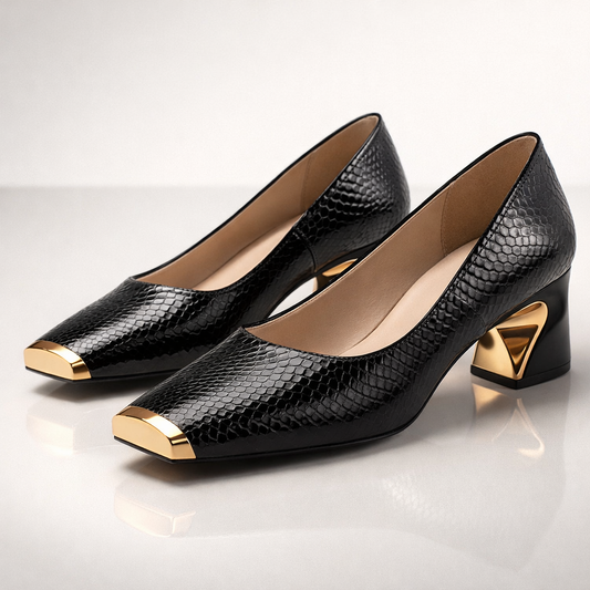 Women's Glossy Snake-Embossed Square Toe Block Heel Shoes Corvine