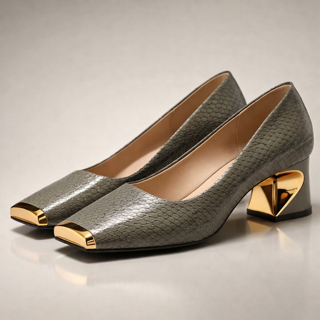 Women's Glossy Snake-Embossed Square Toe Block Heel Shoes Corvine