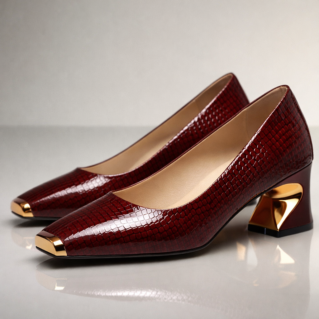 Women's Glossy Snake-Embossed Square Toe Block Heel Shoes Corvine