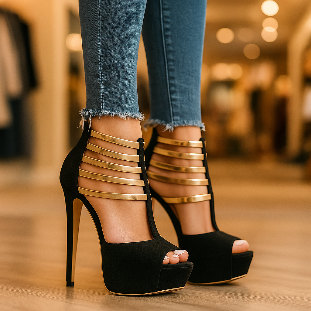 Women's Gold Leather Platform Heels Corvine