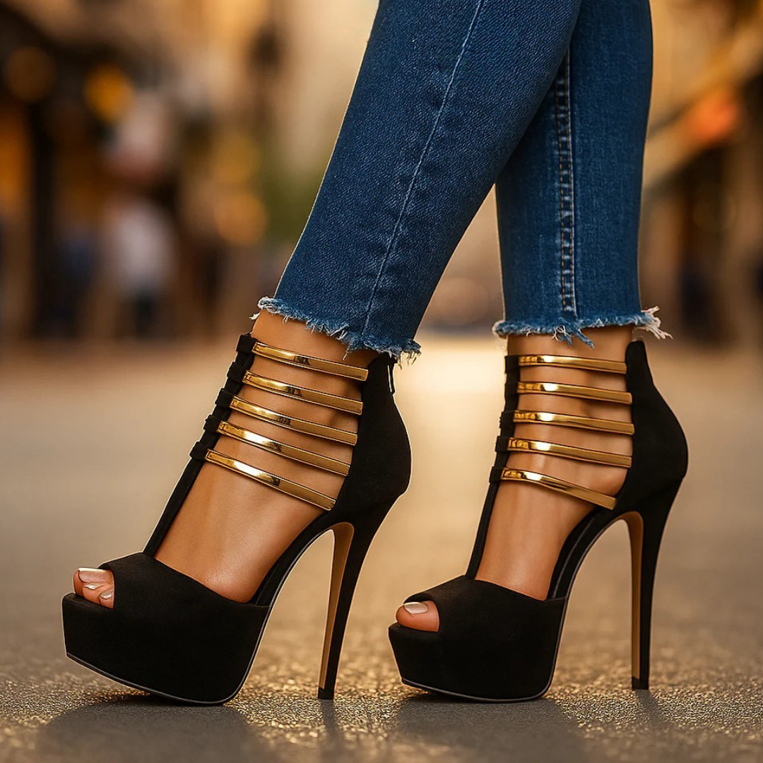 Women's Gold Leather Platform Heels Corvine