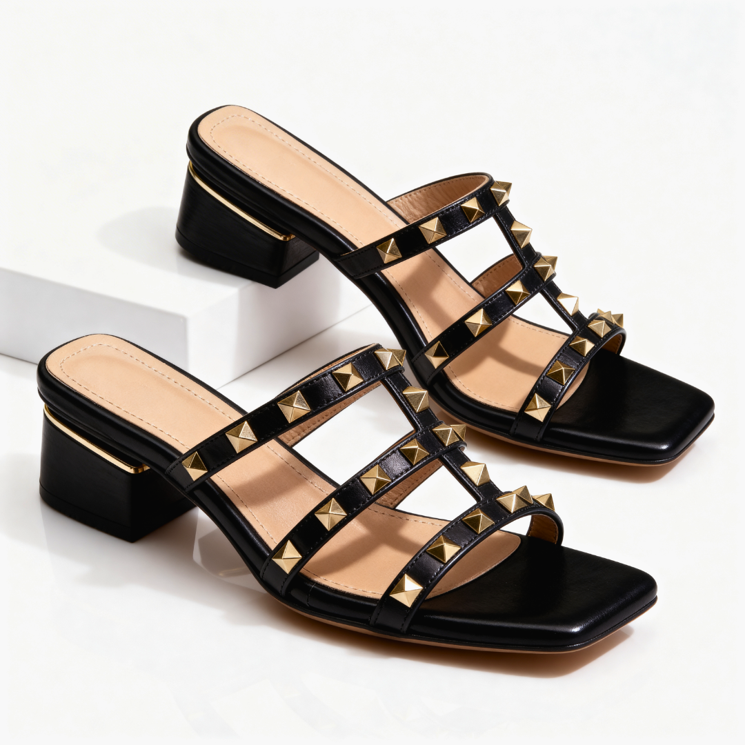 Women's Gold Studded Square-Toe Mules Shoes Corvine