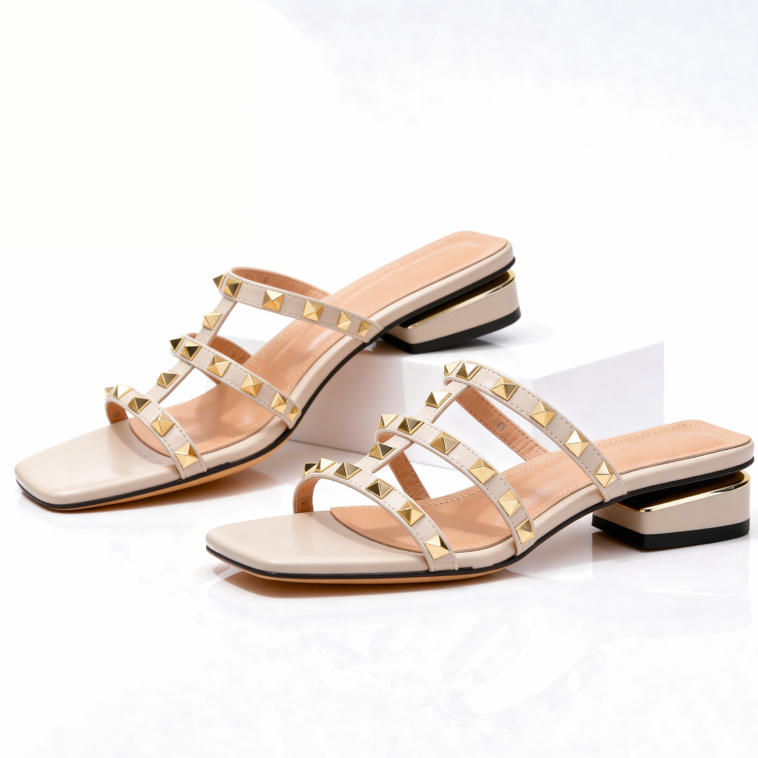 Women's Gold Studded Square-Toe Mules Shoes Corvine