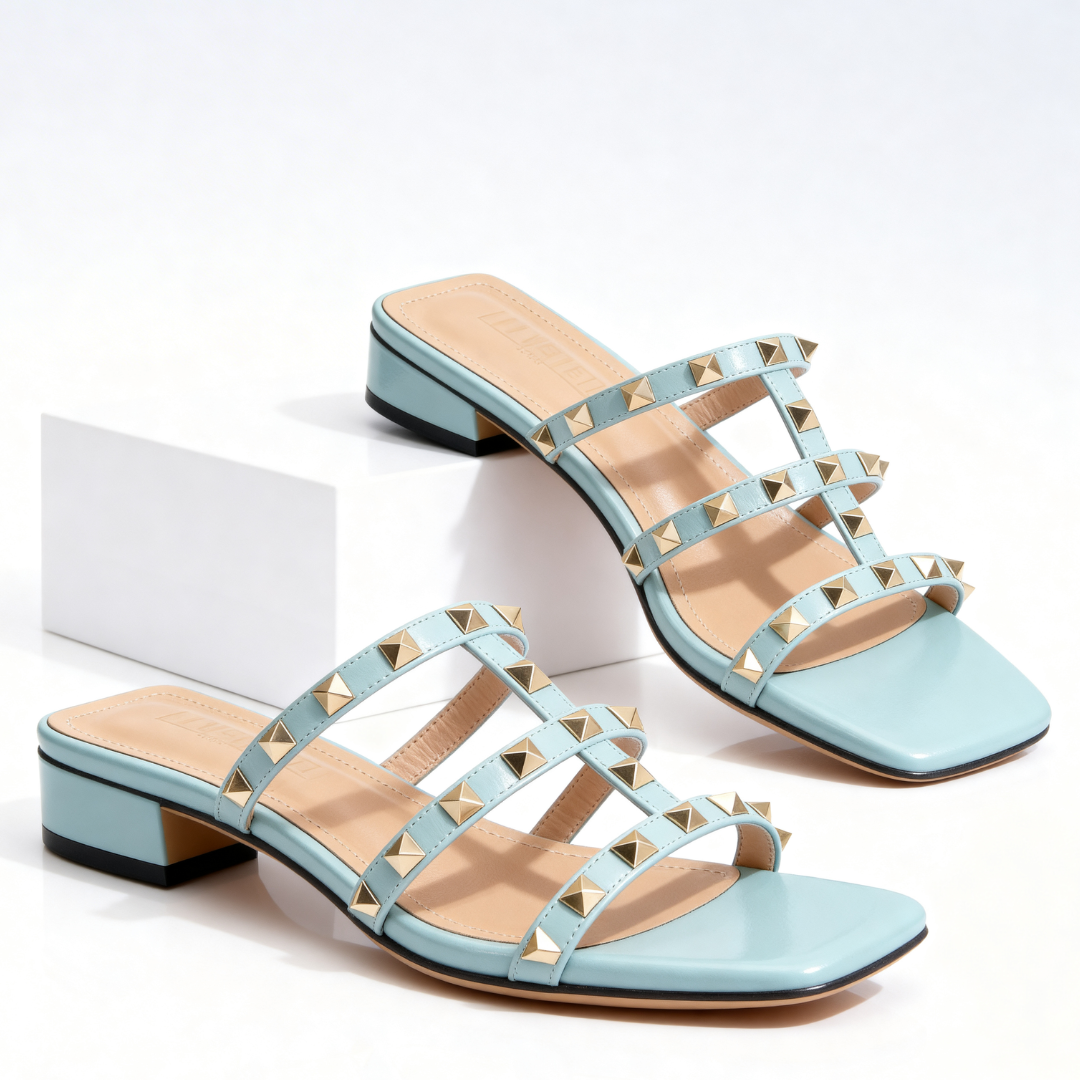Women's Gold Studded Square-Toe Mules Shoes Corvine
