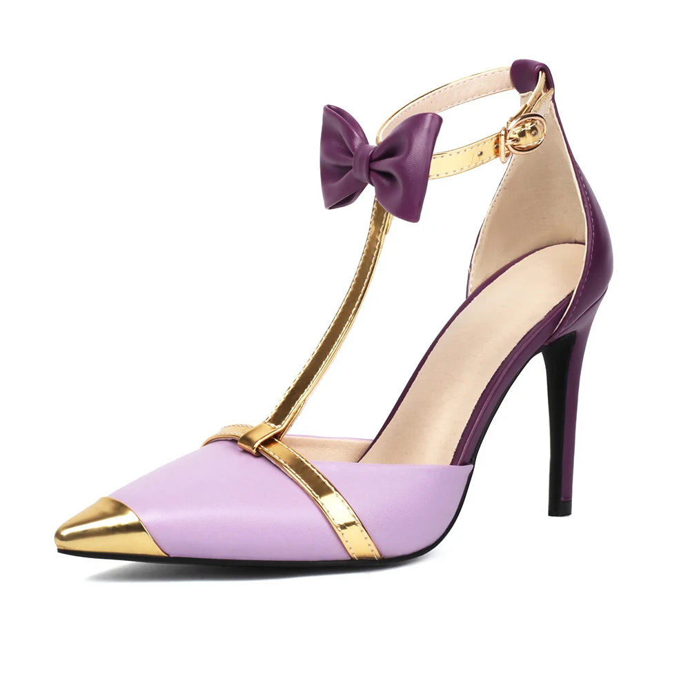 Women's Gold T-Strap Heels with Bow Detail Corvine