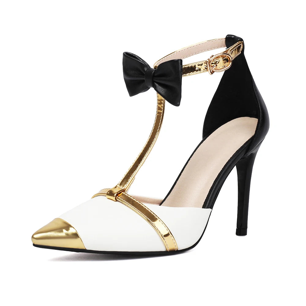 Women's Gold T-Strap Heels with Bow Detail Corvine