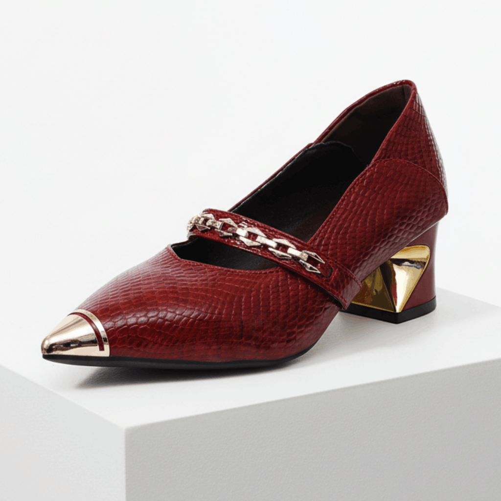 Women's Gold Textured Leather Block Heel Heels Corvine