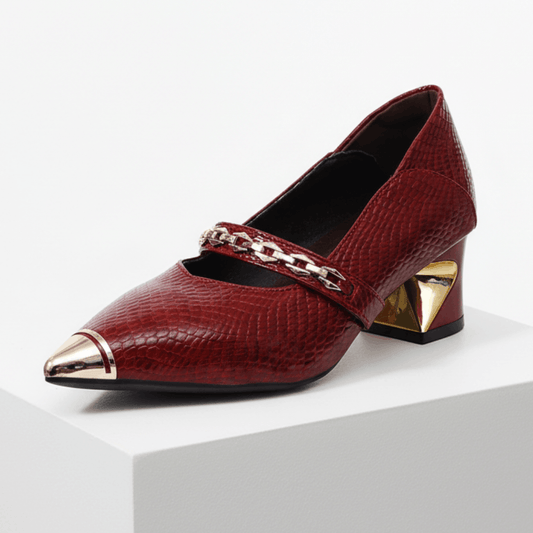 Women's Gold Textured Leather Block Heel Heels Corvine